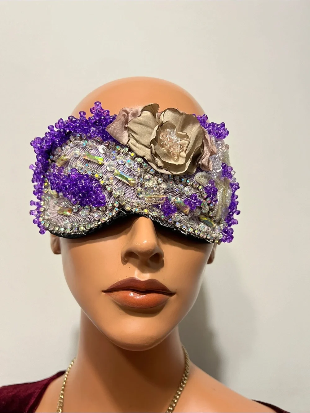 Purple Beaded Decorative Sleep Mask with Champagne Flower Accent